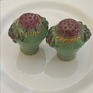 Vintage Italian Green/Plum Fruit Design Ceramic Salt and Pepper Shakers